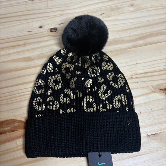 Jocelyn Womens Metallic Leopard Print Pompom Beanie Hat Black Faux Fur - Picture 2 of 7